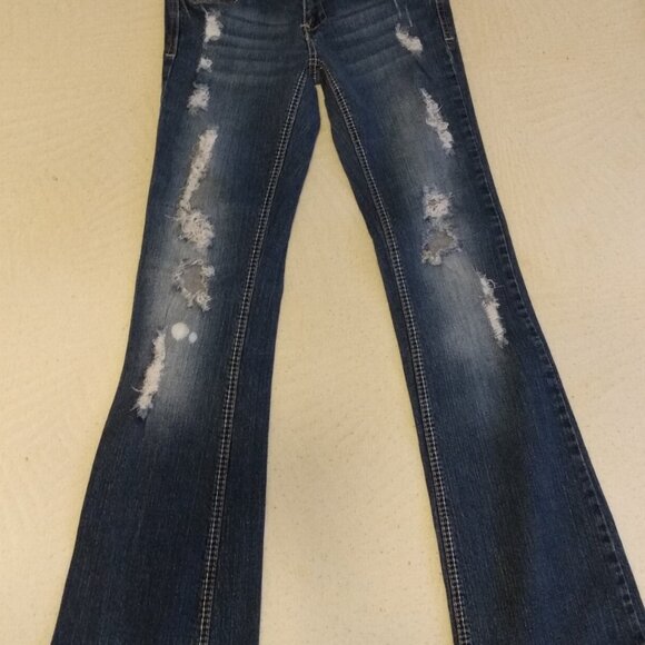 Premiere Jeans Juniors Women's Curvy 5/6 Blue Denim Distressed Bootcut - Picture 1 of 16